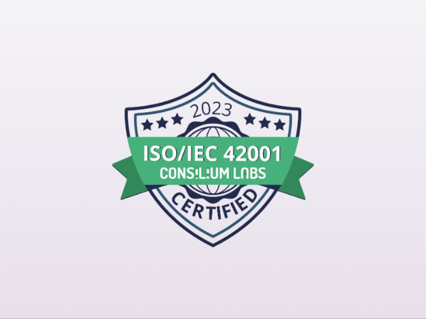 A badge displays "ISO/IEC 42001" with "Consilium Labs" on a green banner. It includes "2023" and "Certified" with star and globe designs.
