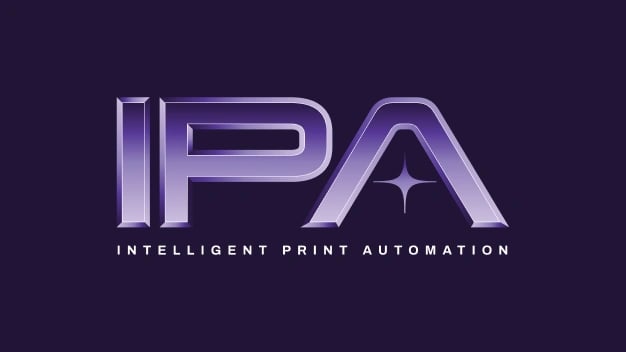 Text reading "IPA" with a star symbol, followed by "Intelligent Print Automation," on a dark background, in a gradient purple font.