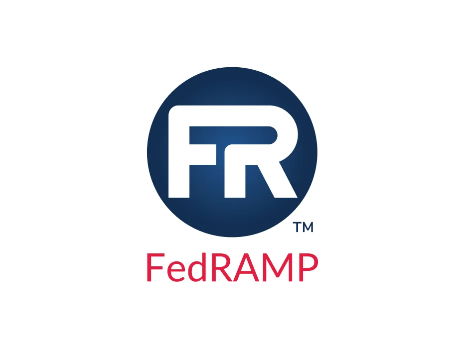 FedRAMP logo with white "FR" letters in a blue circle above the red text "FedRAMP" on a white background.