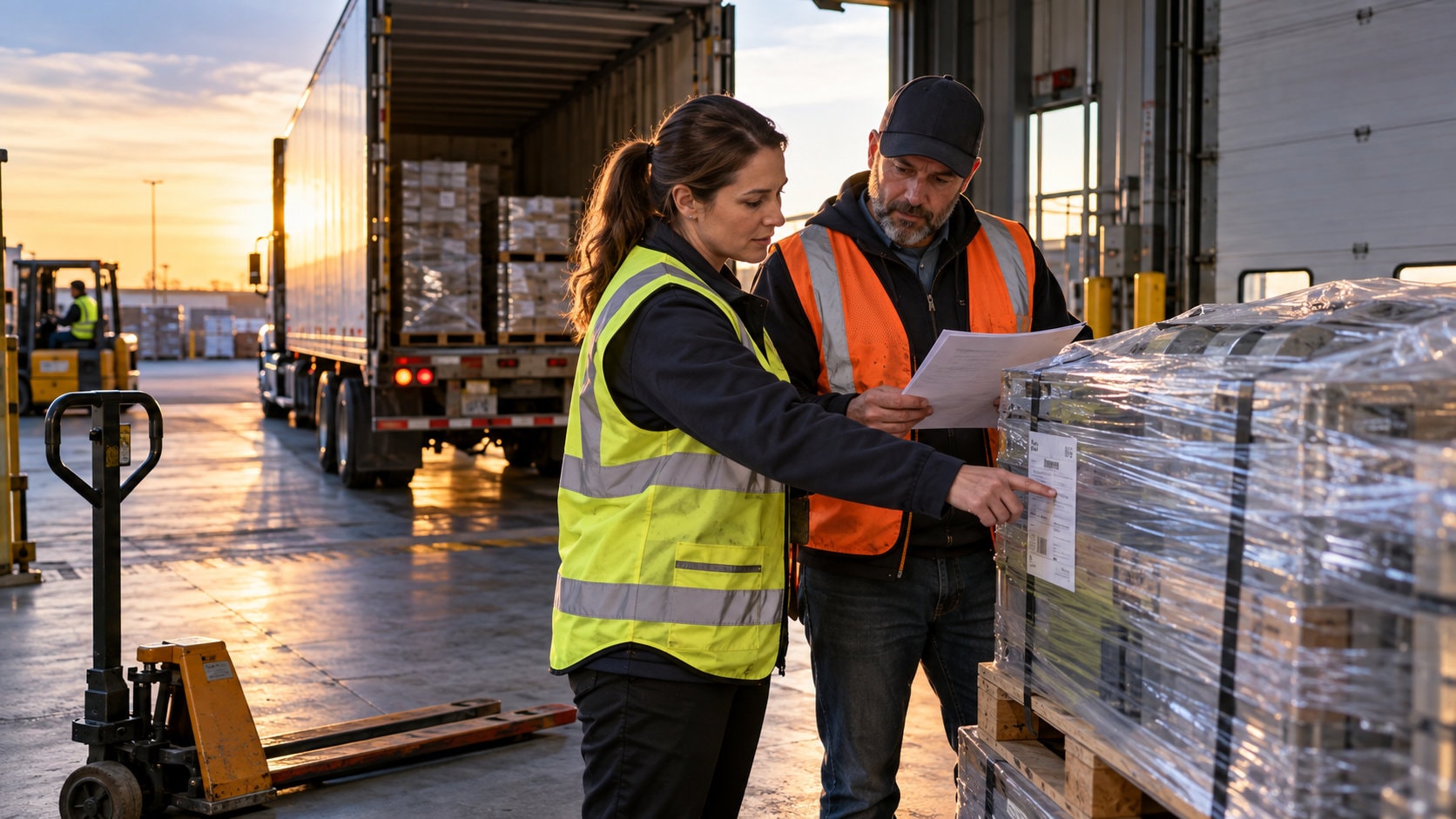 Warehouse worker checking shipping documents beside packaged goods