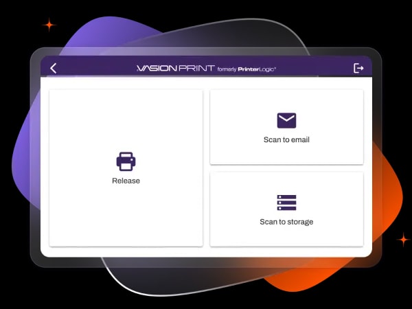 Vasion Control Panel Application (CPA) showing release, scan to email, and scan to storage options