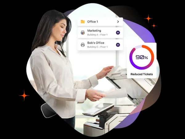 Woman using serverless printing software at MFD with scan to cloud destinations including Office 1, Marketing, and Bob's Office folders showing 90% reduced tickets