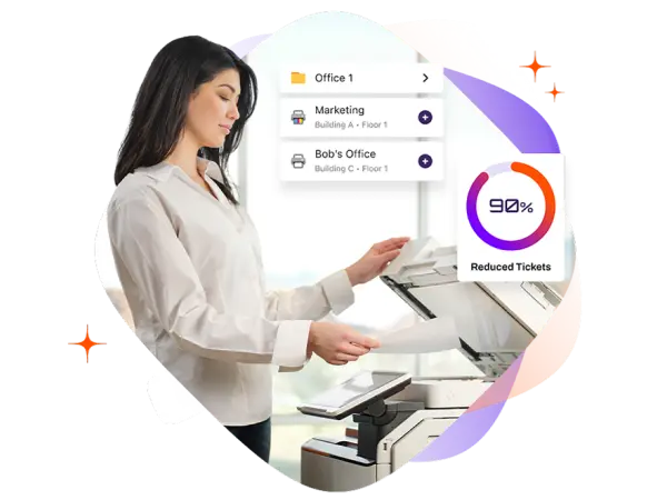 Woman using serverless printing software at MFD with scan to cloud destinations including Office 1, Marketing, and Bob's Office folders showing 90% reduced tickets