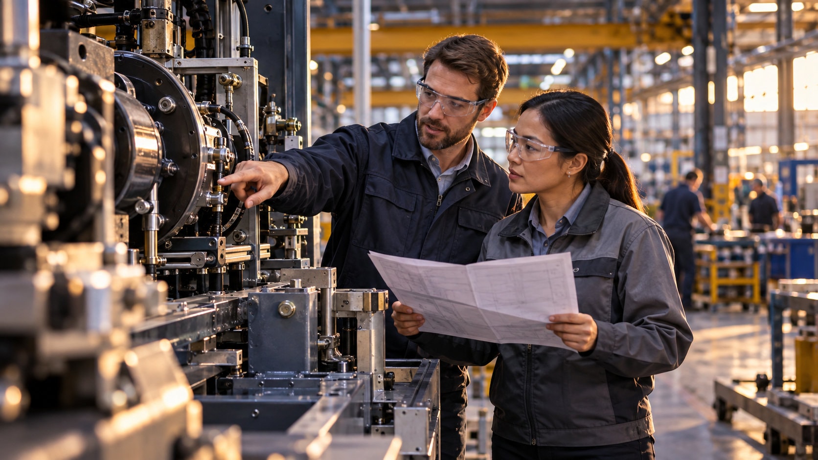Manufacturing production team reviewing engineering documents