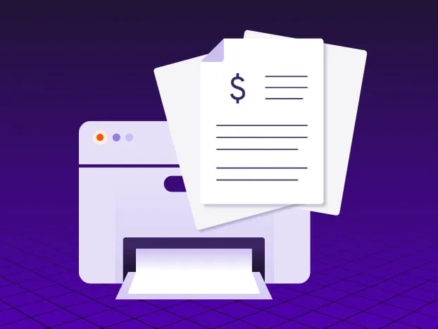 Illustration of a printer with paper displaying a dollar sign, set against a dark purple gradient background.