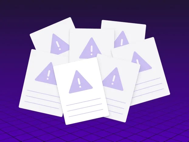Illustration of eight documents with purple warning symbols and lines, set against a dark purple grid background.