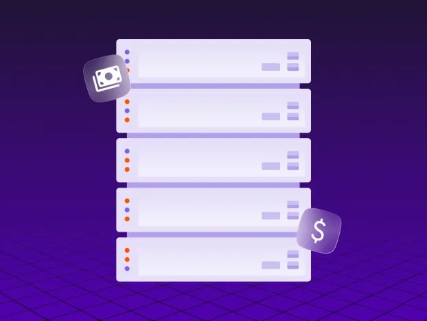 Illustration of a stack of servers with icons of a dollar sign and money, set against a dark purple gradient background.