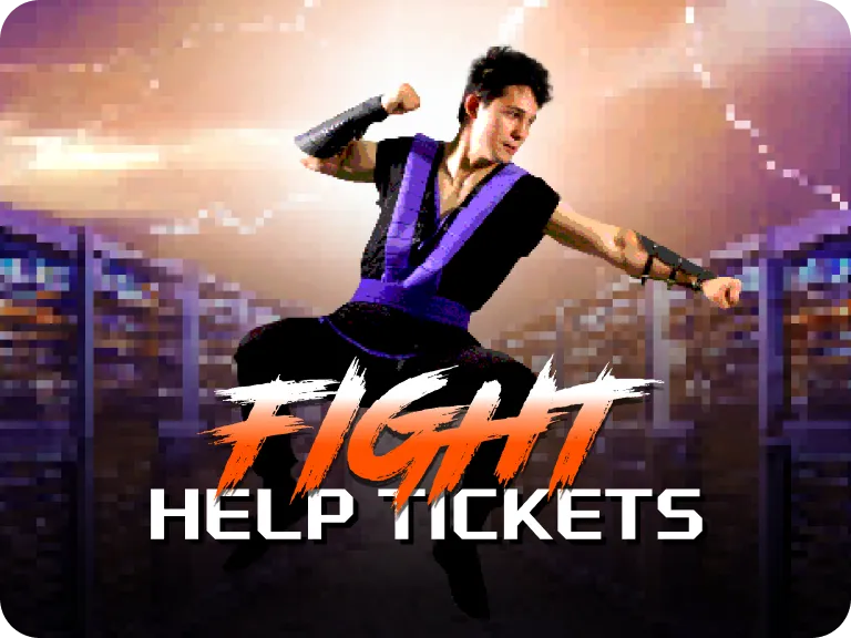 Pixelated martial artist mid-air with a cityscape backdrop, and the text "FIGHT HELP TICKETS" in bold, stylized font.