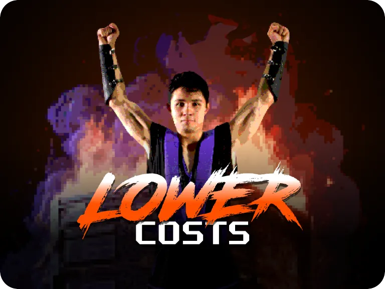 A person with raised fists stands confidently against a fiery background. Bold text reads "Lower Costs" across the image.