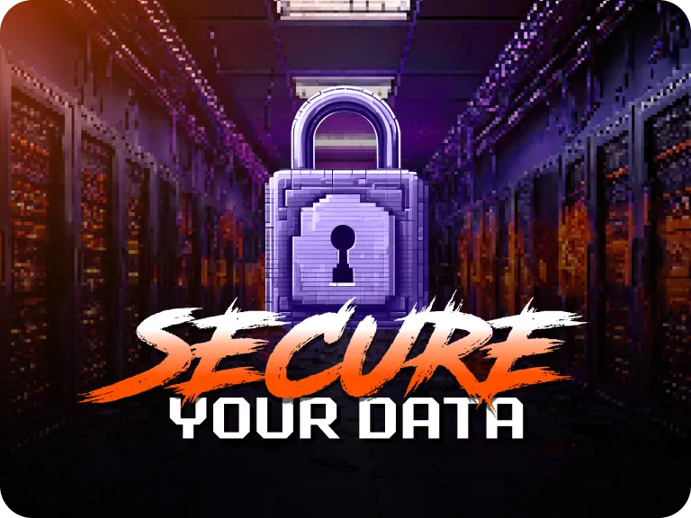 Digital illustration showing a large padlock in a server room with the text "Secure Your Data" in bold, dynamic font.
