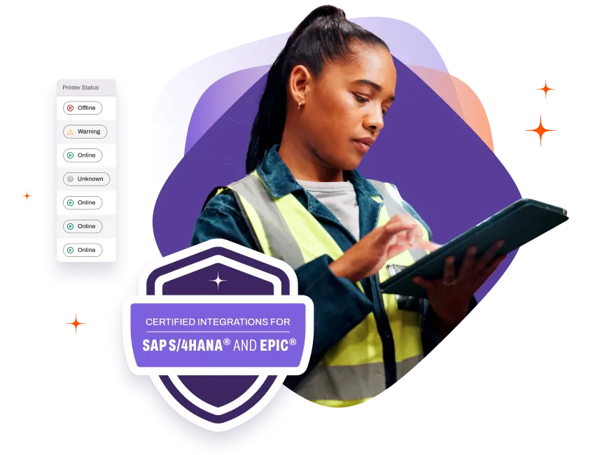A woman in a safety vest uses a tablet. Text reads "Certified Integrations for SAP S/4HANA and Epic" beside printer status icons.